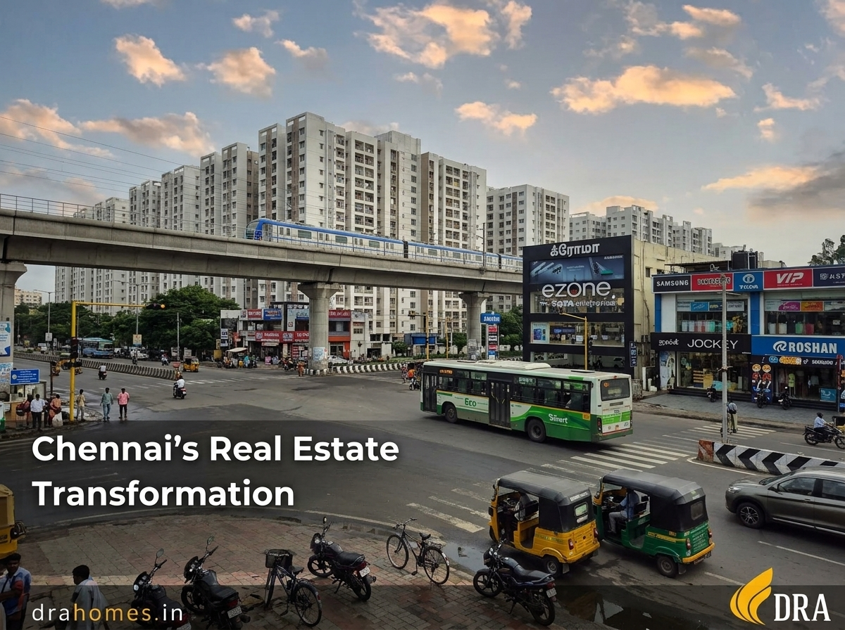 Chennai urban skyline featuring Metro rail bridge and modern high-rise apartments, illustrating how 25 years of infrastructure reshaped Chennai real estate.