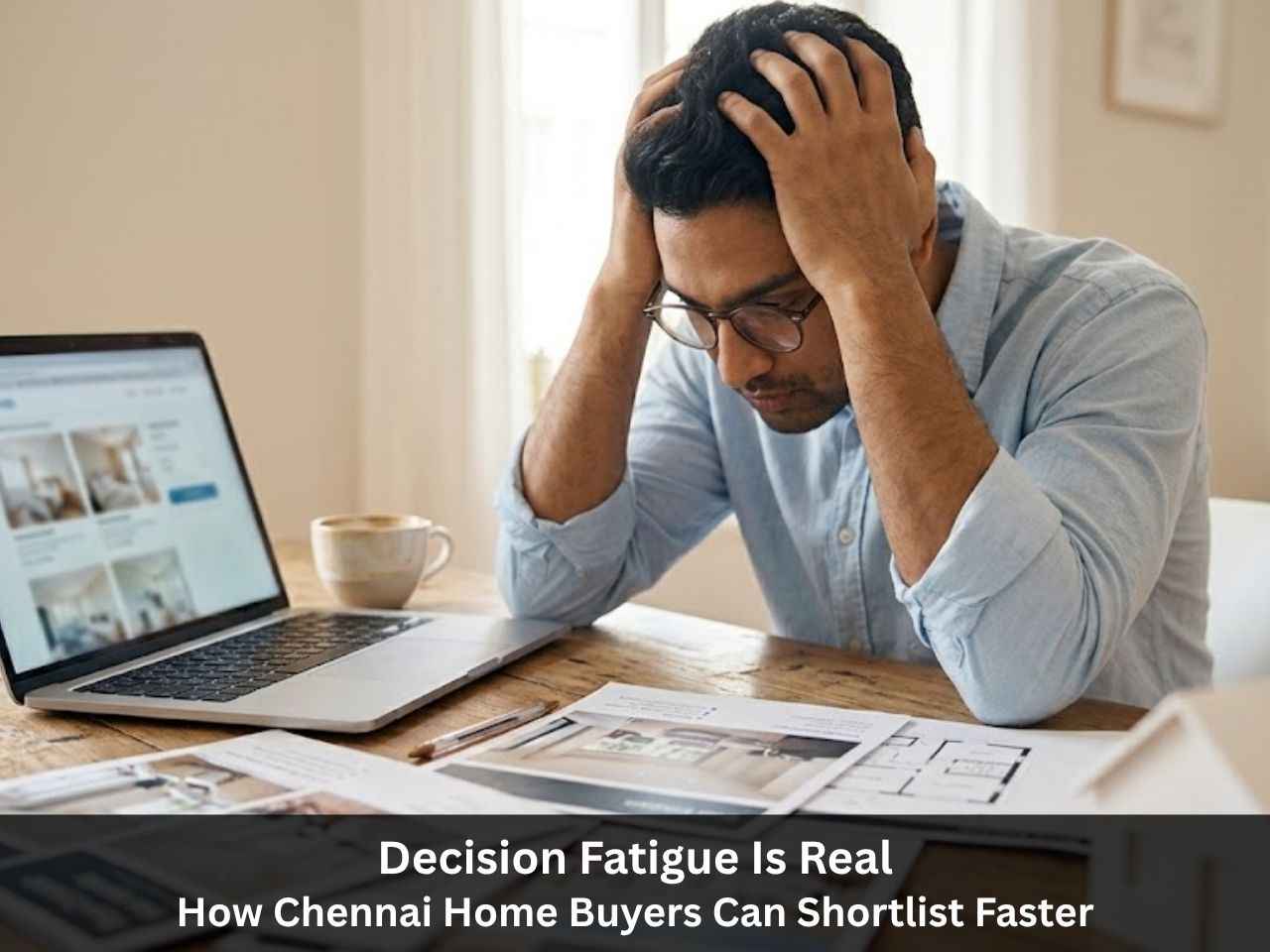 Indian home buyer overwhelmed at his desk, surrounded by brochures and a laptop, showing decision fatigue.