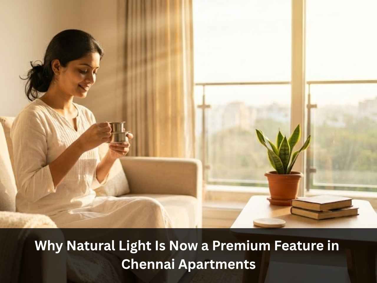 Woman enjoying morning coffee in a sunlit Chennai apartment, natural light as a premium home feature.