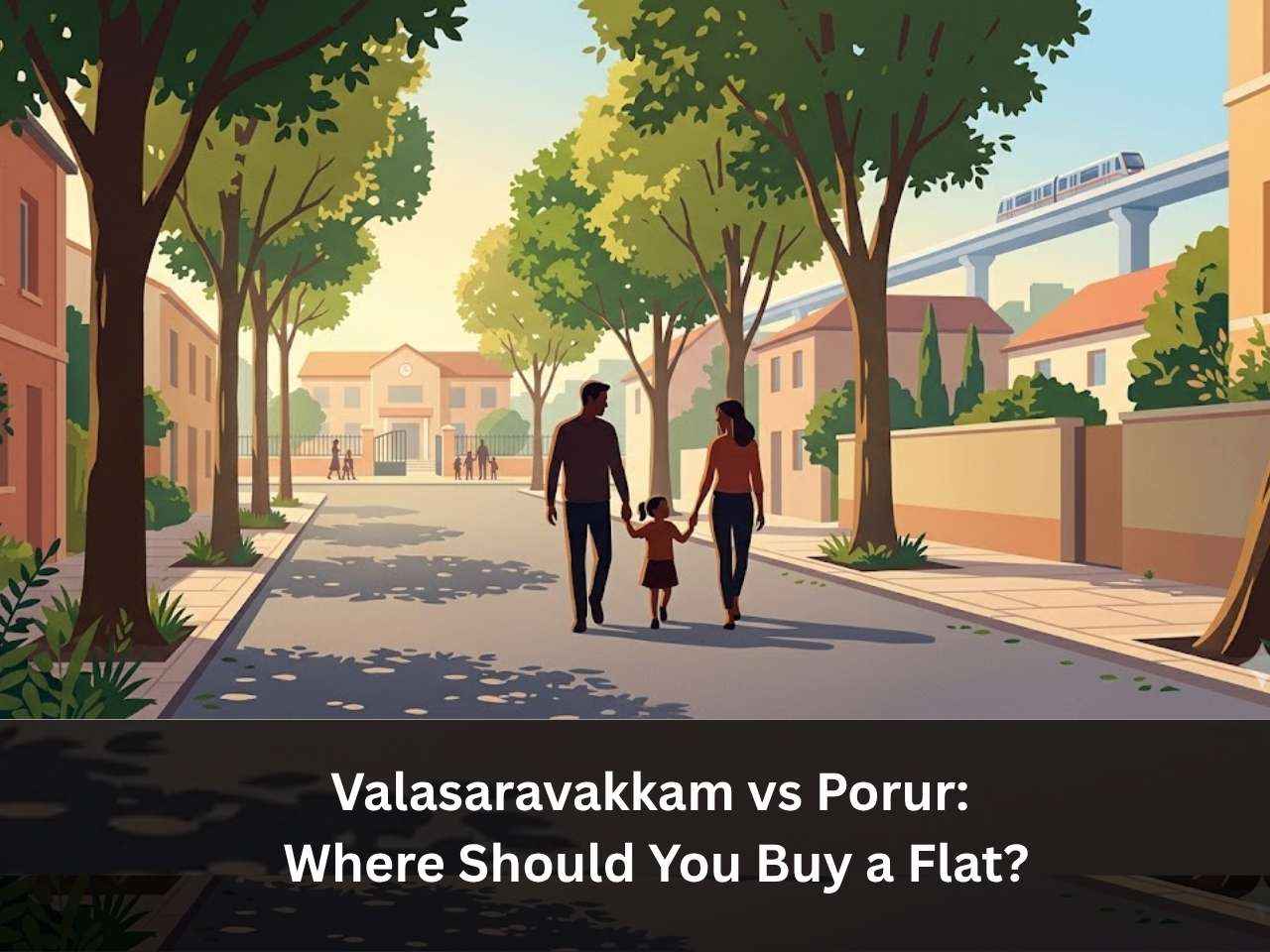 Valasaravakkam vs porur neighbourhood guide, family walking to school with metro connectivity