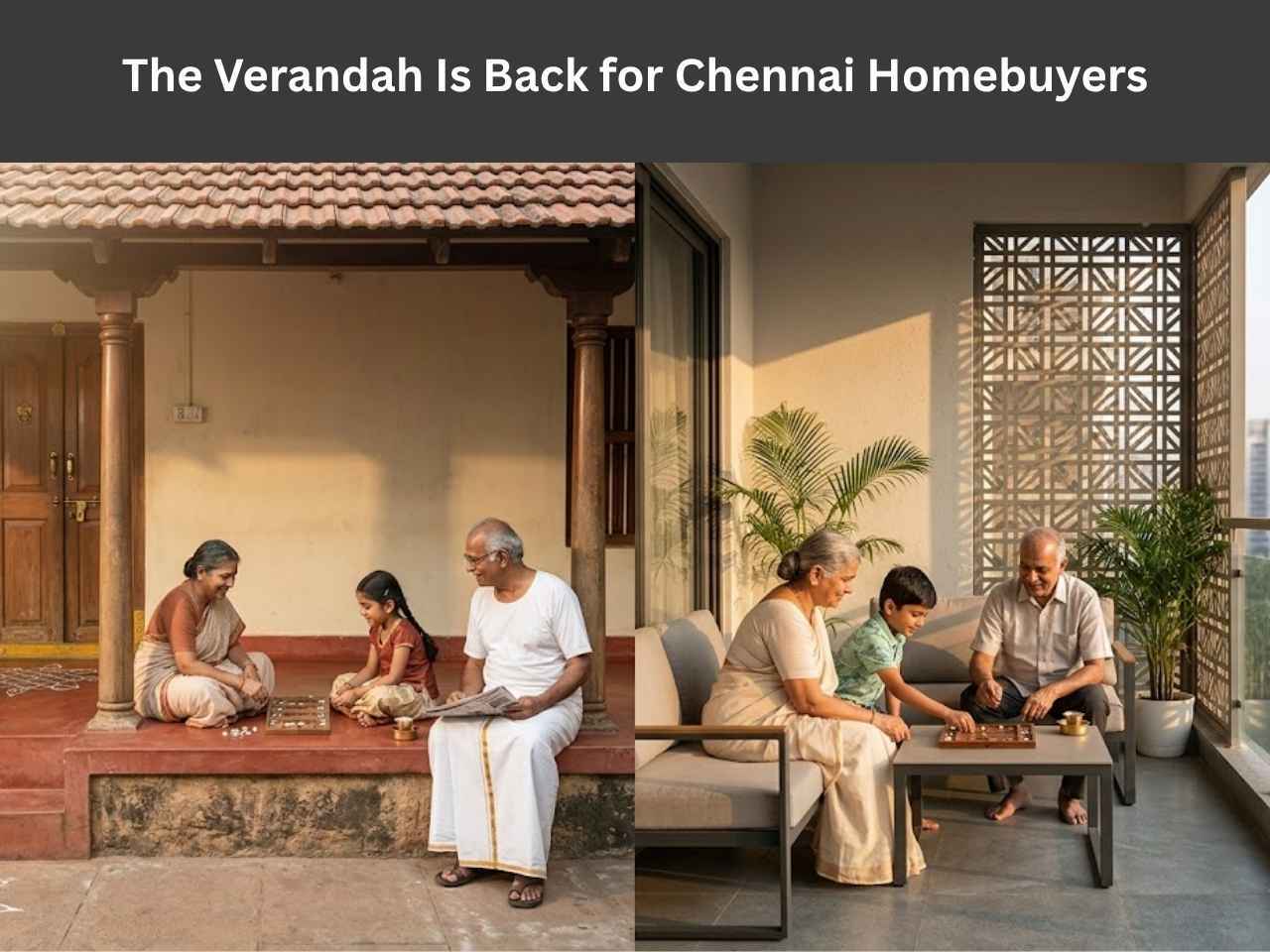 Traditional Tamil verandah compared with a modern Chennai flat balcony, showing how verandah-style spaces are returning to apartment design.