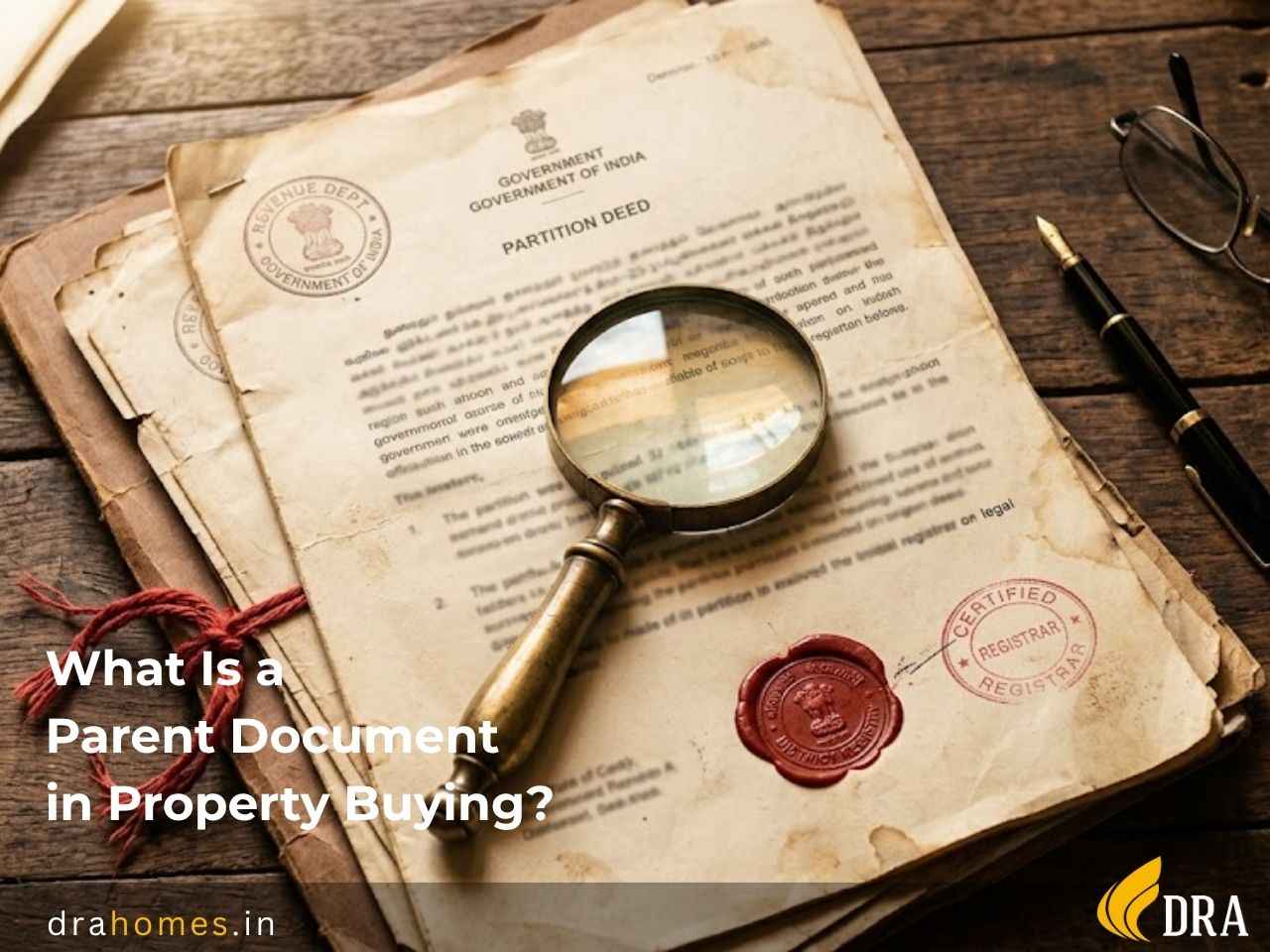 Aged property documents with red seal and magnifying glass symbolizing a parent document in Chennai Property buying.