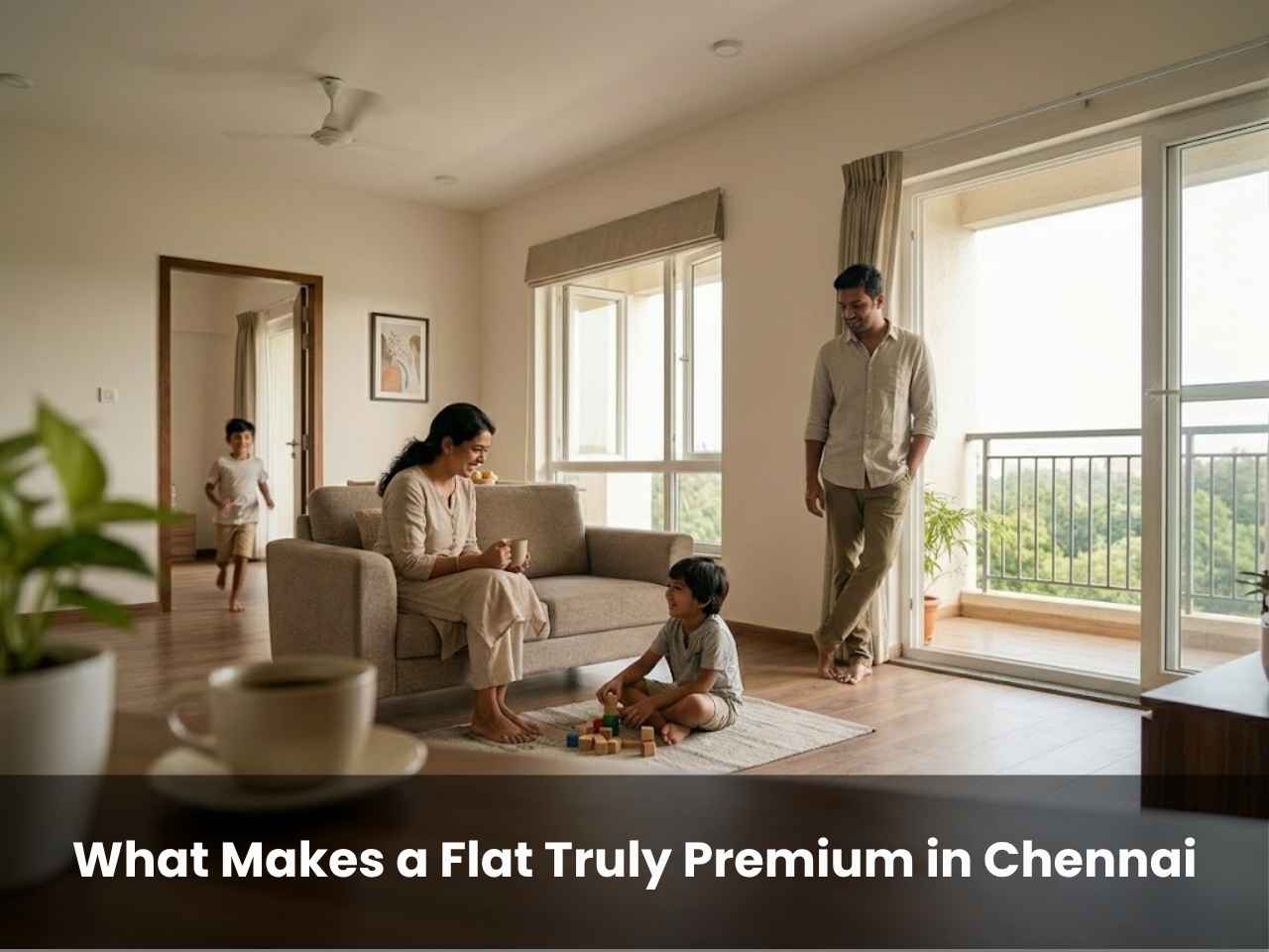 A family enjoying a bright, airy living room in a premium flat in Chennai, natural light, open balcony, and spacious layout.