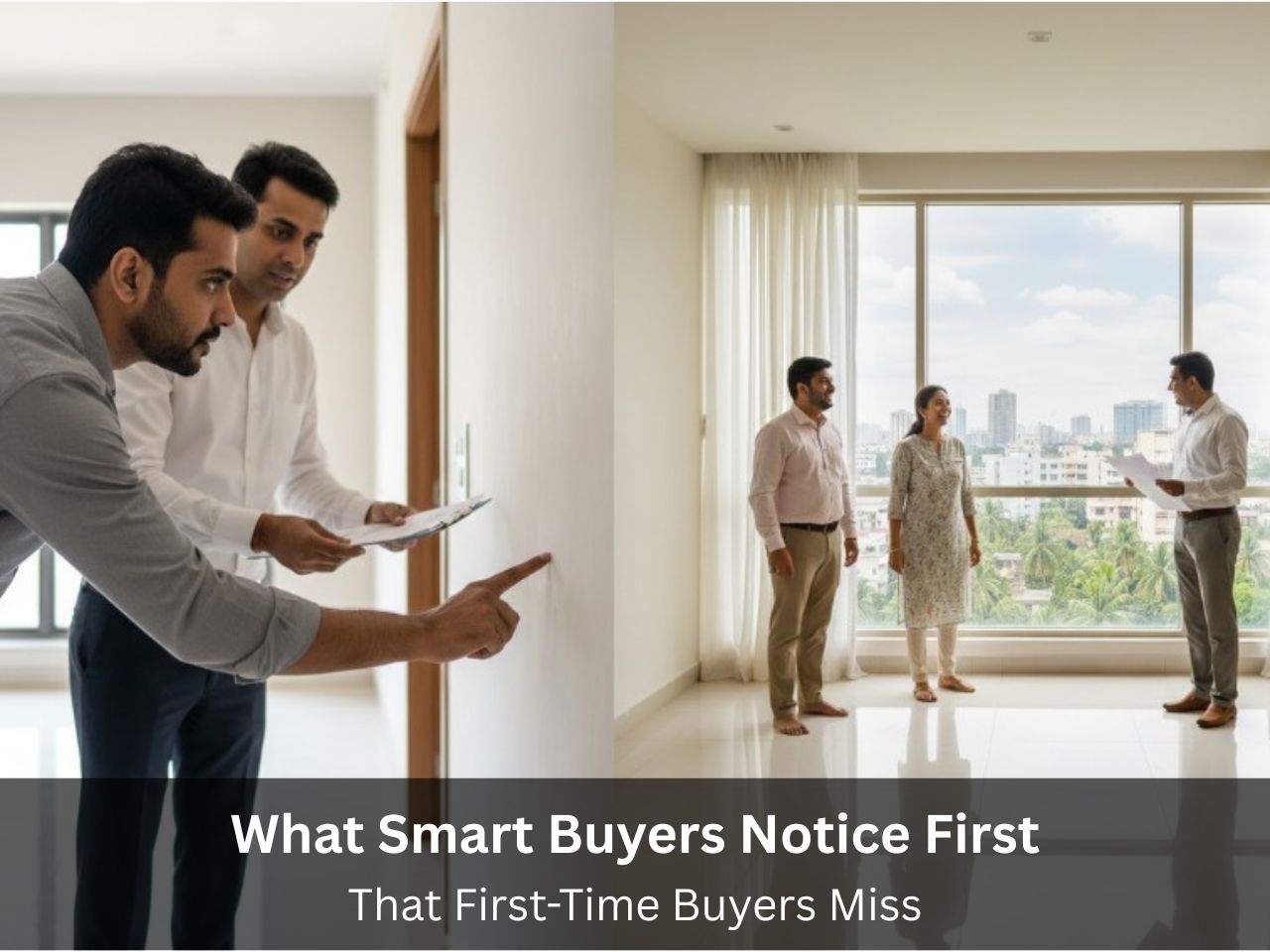 Homebuyers evaluating an apartment in Chennai with a real estate agent, showing how experienced buyers notice details first-time buyers overlook.