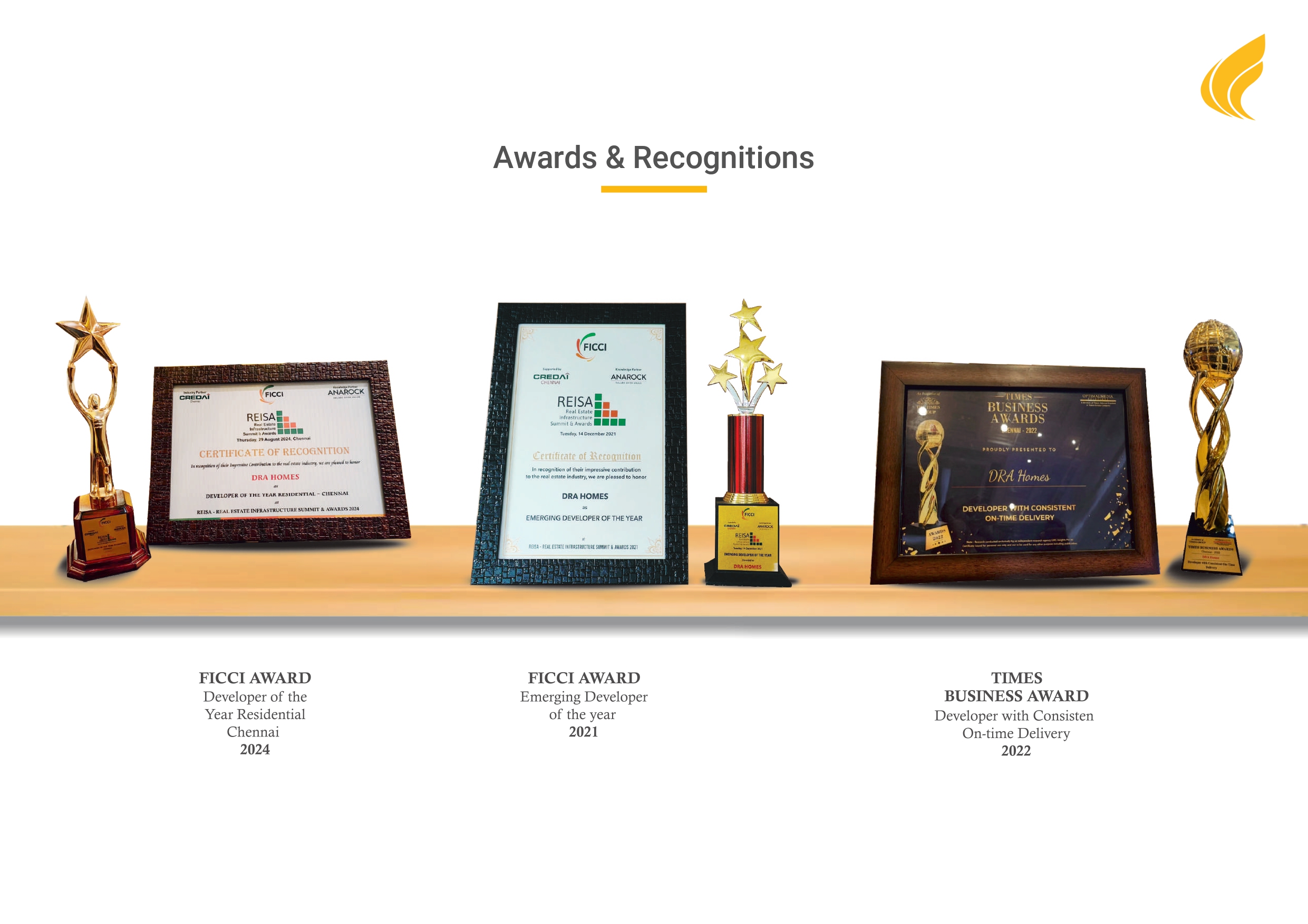 Awards and recognitions earned by DRA Homes as a leading Chennai developer.