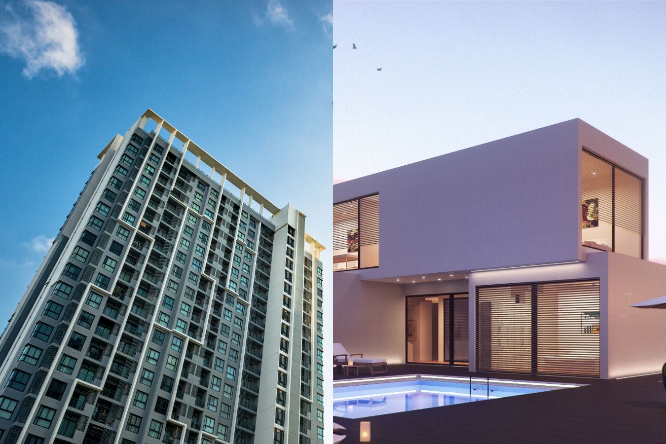 An apartment building and an individual house with swimming pool