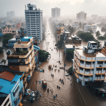 An image showing recent 2024 floods in Chennai city. The scene includes inundated streets with high water levels, partially submerging the lower floors of the city