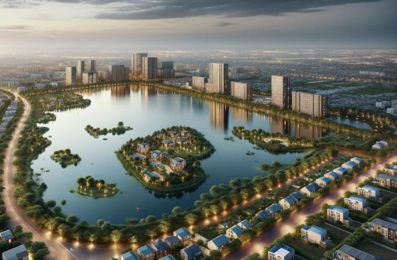 Aerial view of Madambakkam Lake surrounded by individual houses and medium-rise buildings at twilight, reflecting the development of an urban eco-park in Chennai