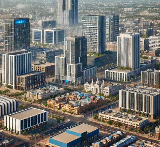  A modern urban scene in Madhavaram, North Chennai, showcasing contemporary office buildings, residential properties, and tech hubs, symbolizing growth and real estate development in Madhavaram, North Chennai.