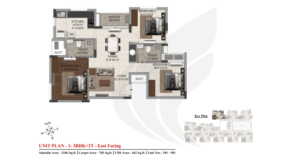 floorplans of DRA Trinity 3BHK + 2T - 1246 sq.ft