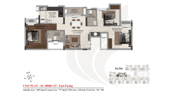 floorplans of DRA Trinity 3BHK + 3T - 1434 sq.ft