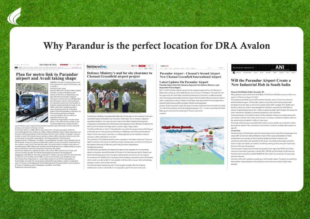 Images of news paper clips showing the reasons as why the neighbourhood of Parandur Airport is the best location to buy plots.