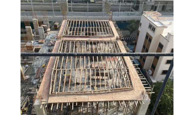 DRA Beena Clover construction update on 29-01-2026 showing Elevation From Tower 2 4th Floor Roof Slab Shuttering Work In Progress in Flats in Valasravakkam - Chennai.