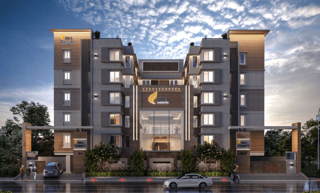 Front elevation of DRA Trinity flats in Chennai, Thoraipakkam, OMR