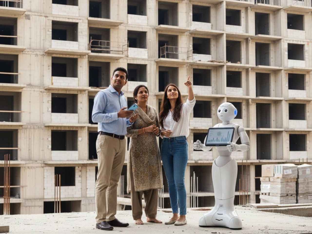 Indian homebuyers evaluating a residential construction site with AI assistance represented by a robot during the home buying process.