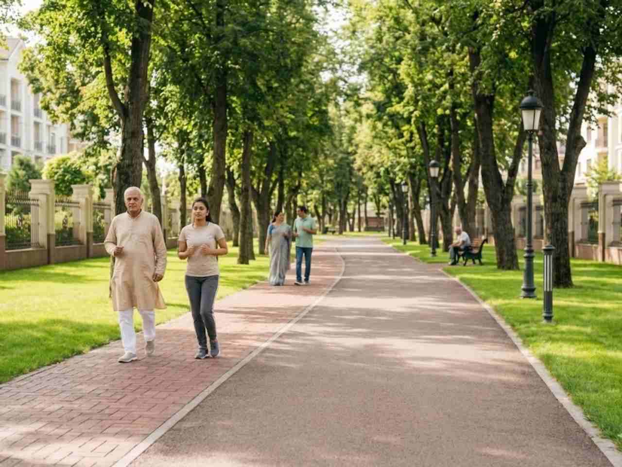 An image of residents using a well-maintained walking track in a green residential community in Chennai