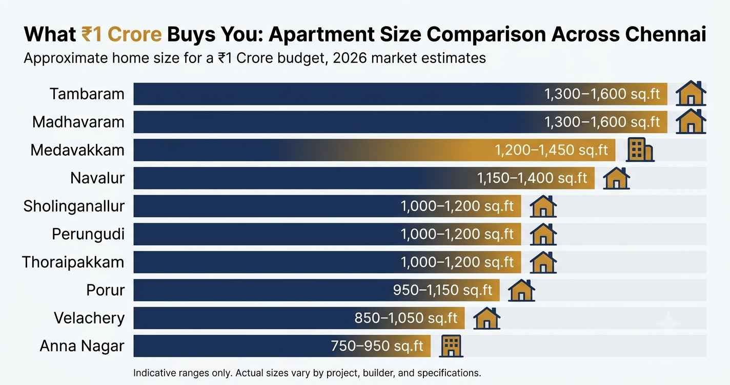 Comparison of apartment sizes available for ₹1 Crore across Chennai localities.