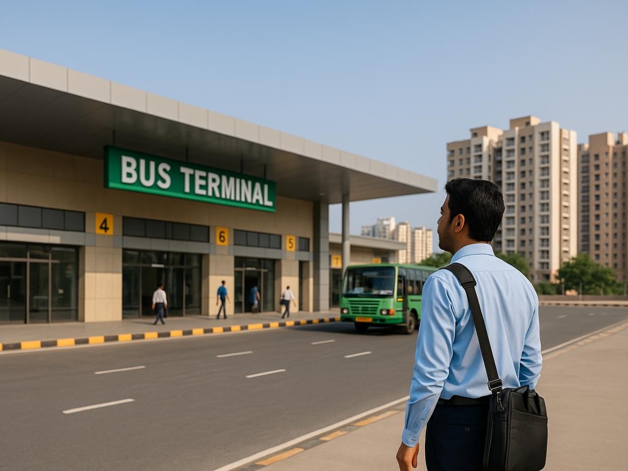 Indian man near new bus terminal in Avadi or Chengalpattu, with flats in background, showing real estate growth in Chennai suburbs.