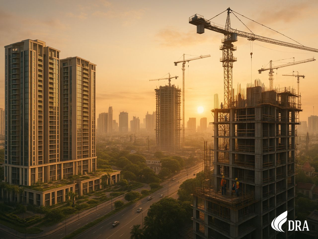 High-rise apartments and active construction sites in Chennai at sunrise, with cranes, scaffolding, and workers, showcasing rapid growth of properties in Chennai and the state’s real estate sector.