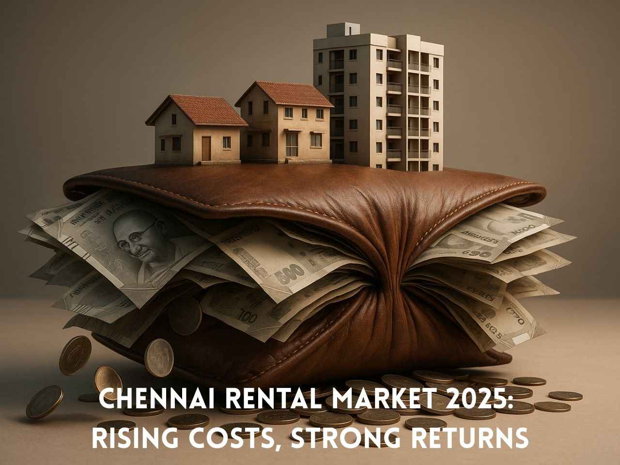 A stretched leather wallet overflowing with Indian rupee notes and coins, topped with miniature houses and apartments, symbolising rising rental costs in Chennai.