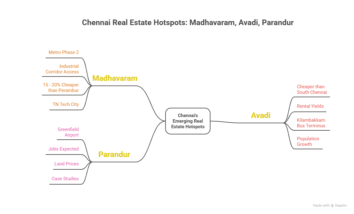 Mindmap of Chennai real estate hotspots showing Madhavaram, Avadi, and Parandur with growth drivers and investment factors.