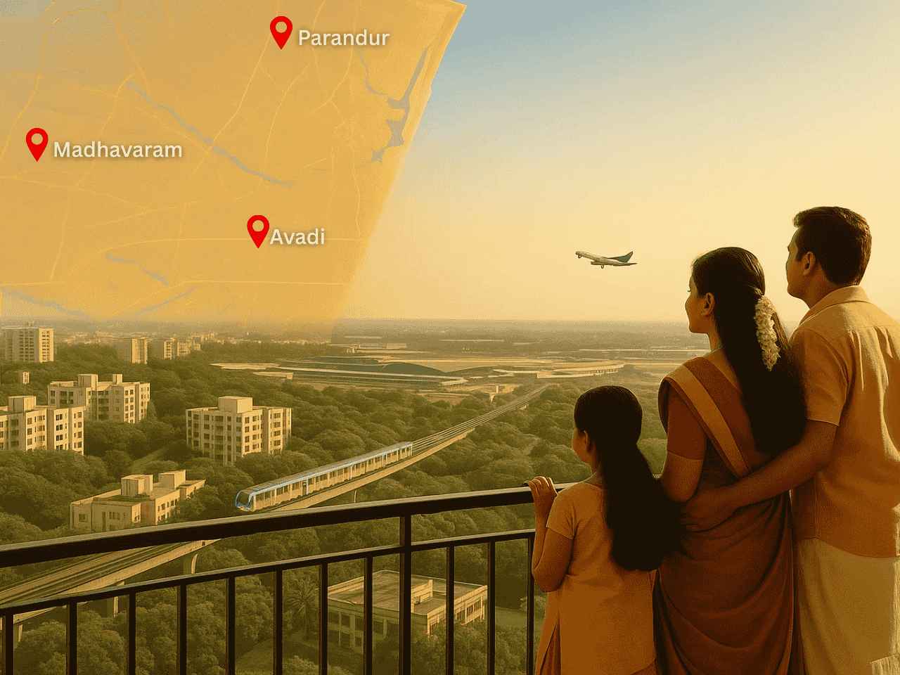 Family on a balcony overlooking Chennai’s skyline with metro rail, airplane, and map showing emerging real estate hubs Madhavaram, Avadi, and Parandur.