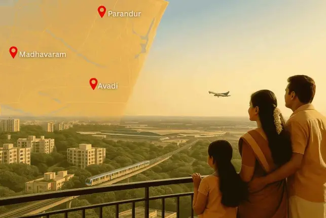 Family on a balcony overlooking Chennai’s skyline with metro rail, airplane, and map showing emerging real estate hubs Madhavaram, Avadi, and Parandur.