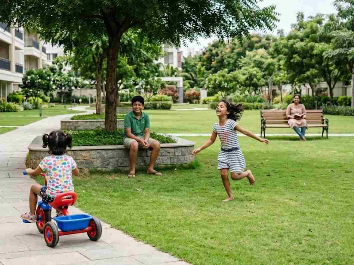Children playing freely on open lawns of a gated apartment community in Chennai while a parent watches from a nearby bench.
