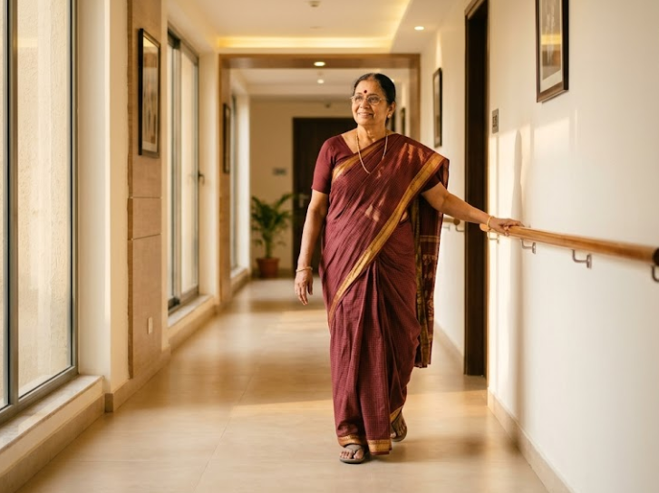 An elderly woman walks independently along a well-lit corridor of a modern Chennai apartment, one hand resting on a handrail.