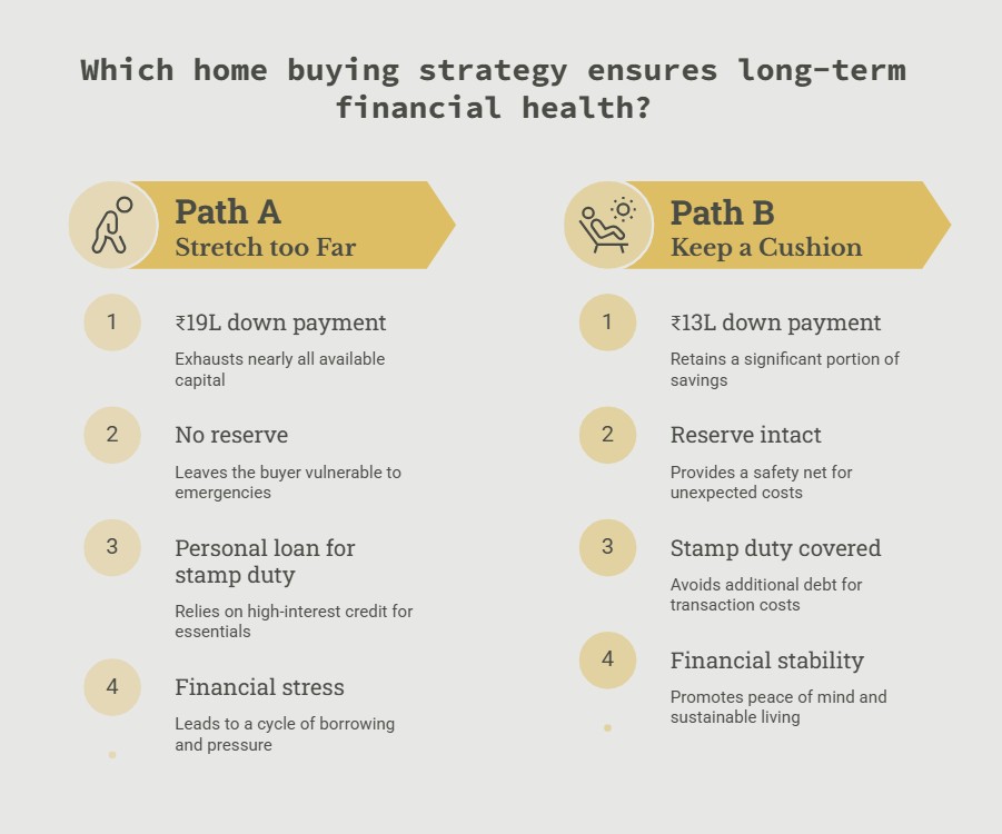 Infographic comparing two down payment strategies, stretching savings vs keeping a cushion when buying a flat in Chennai.