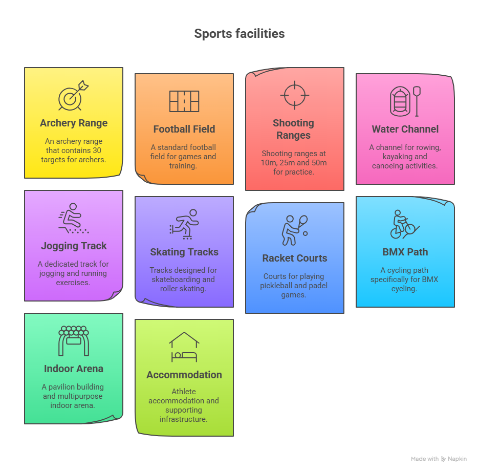 Infographic listing sports facilities in Phase 1 of OMR Sports City, including archery range, football field, shooting ranges, water channel, jogging track, skating tracks, racket courts, BMX path, indoor arena, and athlete accommodation.