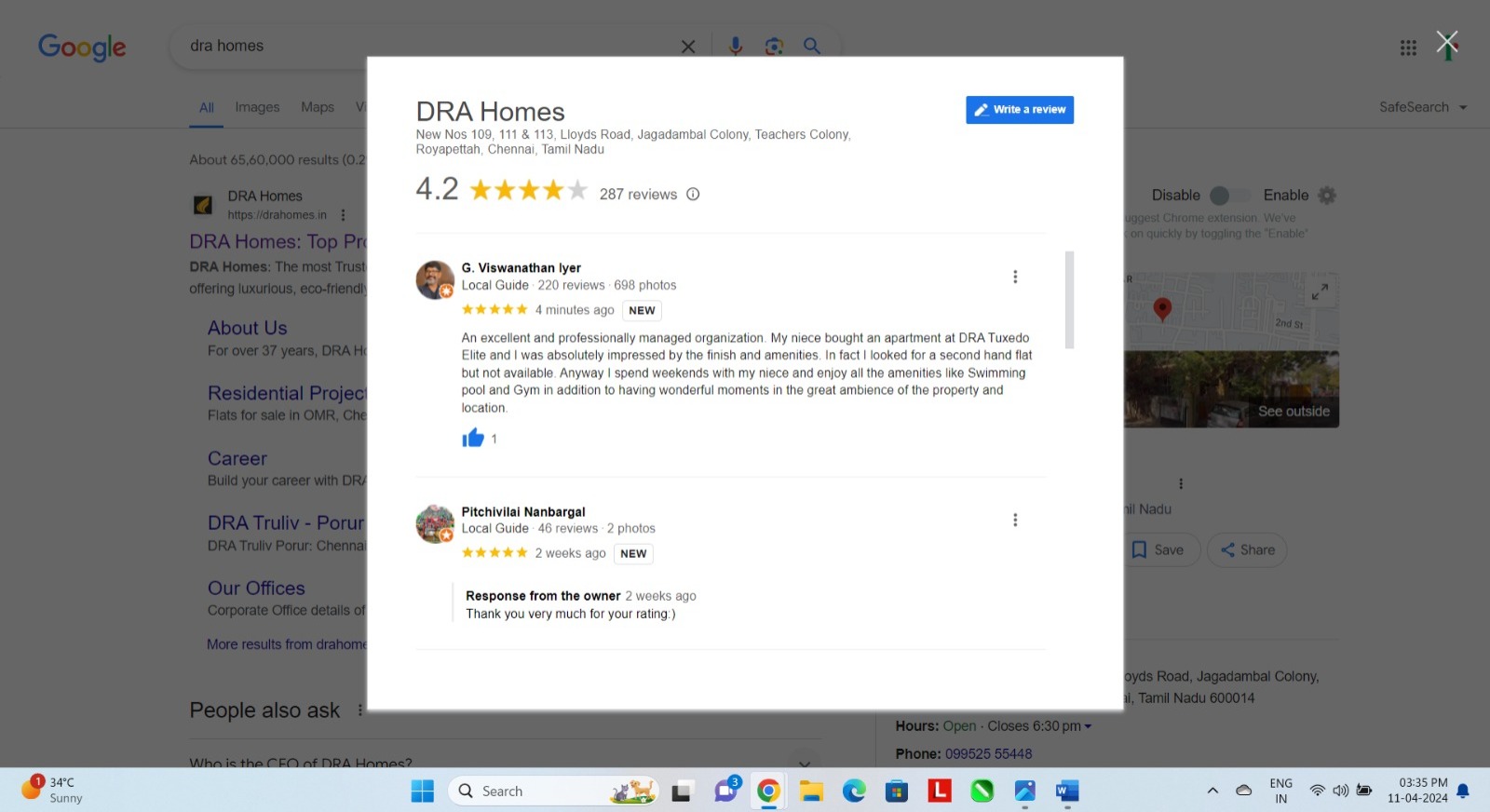 Screenshot of Reviews made by customers who have purchased Flats in Chennai with DRA Homes