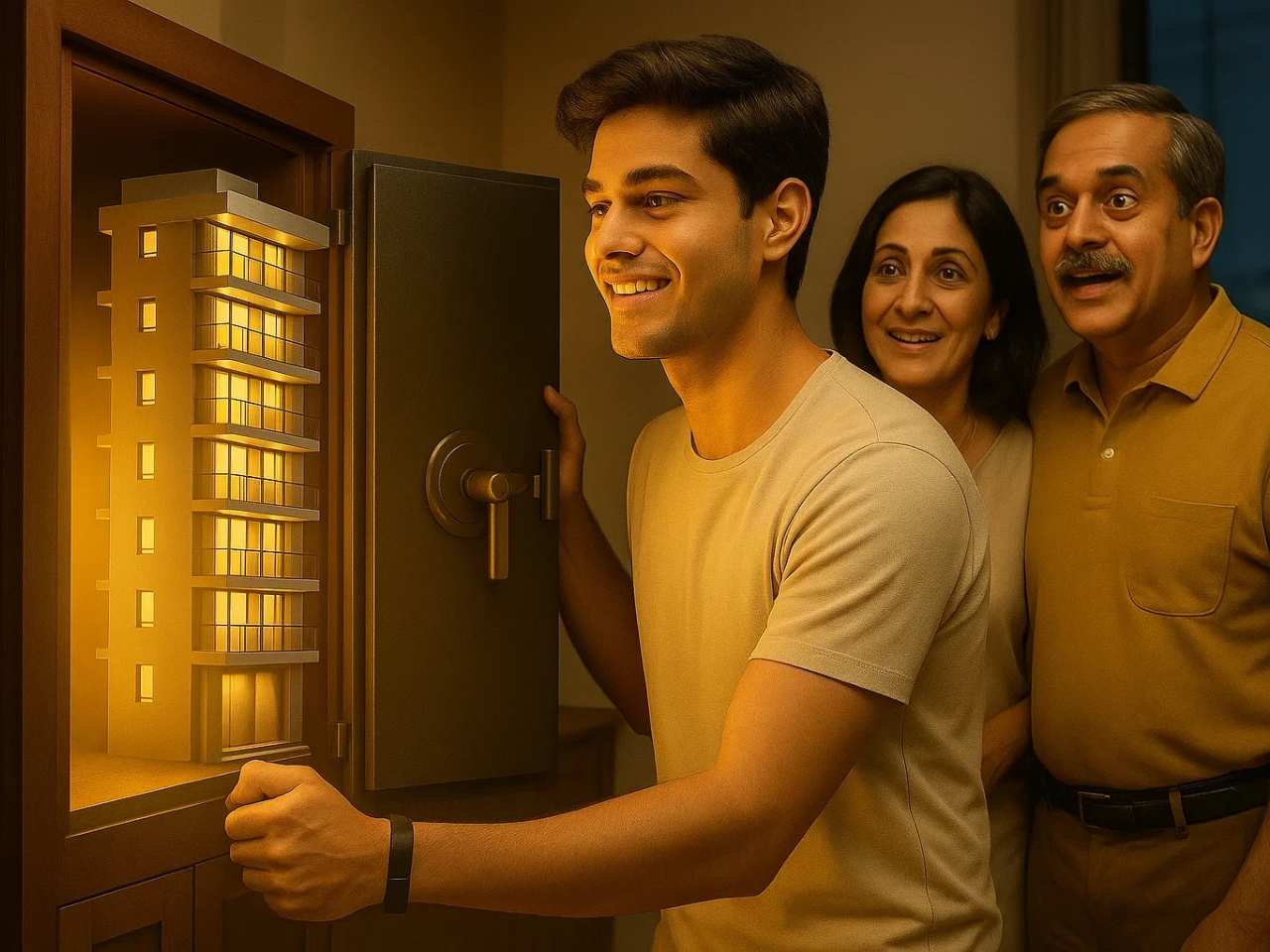 Gen Z son opening a family locker revealing a glowing apartment building, symbolising Chennai’s shift from gold savings to real estate investment.