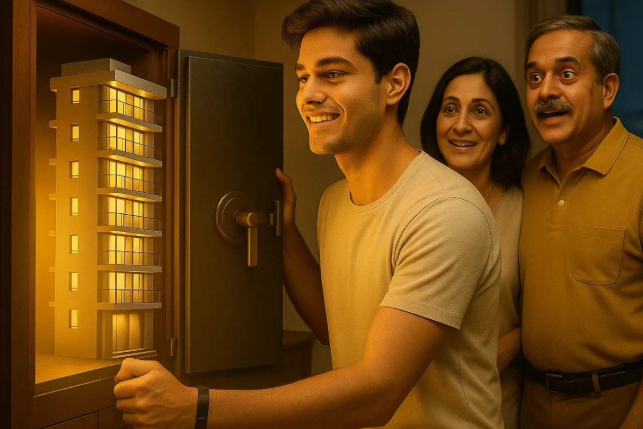 Gen Z son opening a family locker revealing a glowing apartment building, symbolising Chennai’s shift from gold savings to real estate investment.