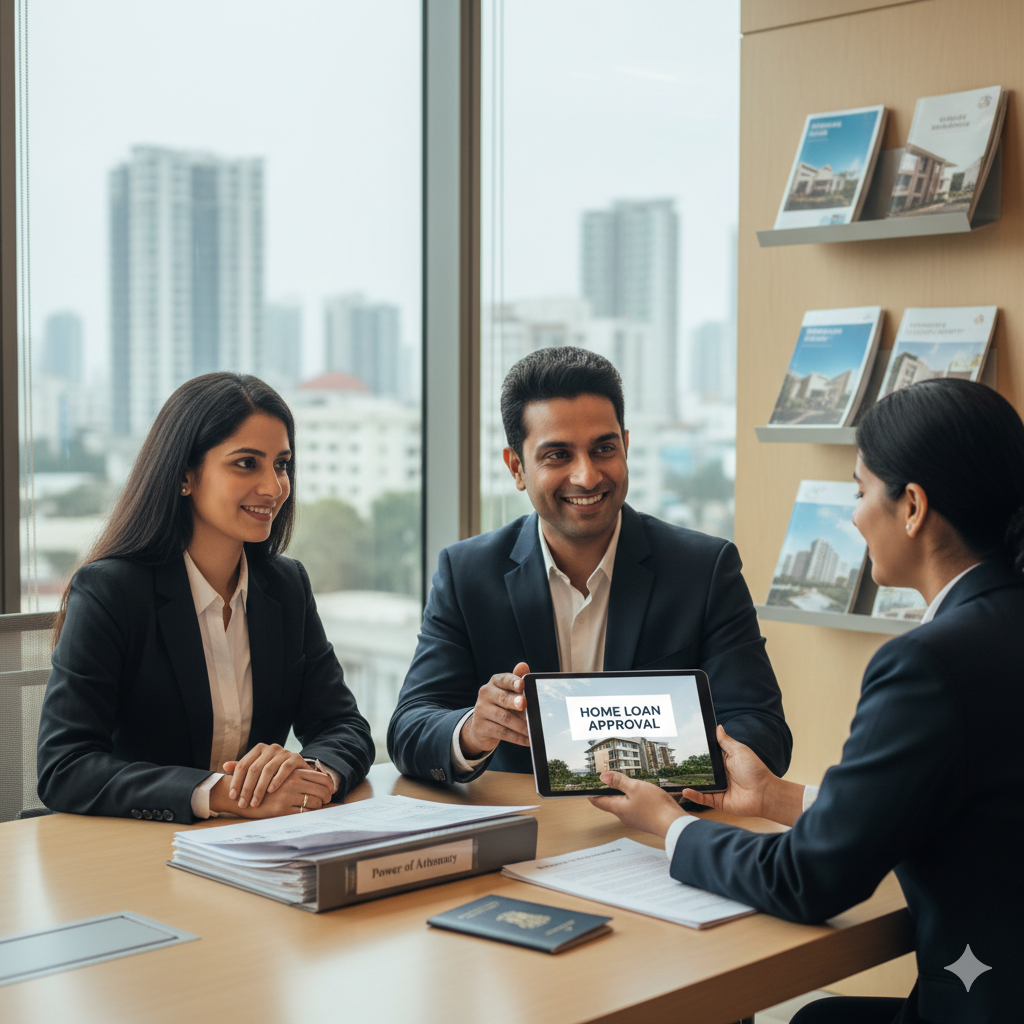 A smiling Non-Resident Indian couple discussing home loan approval with a bank representative in a modern Chennai office, with property brochures and city skyline in the background. 