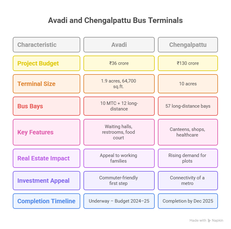 Comparison chart showing Avadi and Chengalpattu bus terminus features like budget, size, bus bays, key amenities, and real estate impact - highlighting how improved transport infrastructure is boosting property value in these Chennai suburbs.
