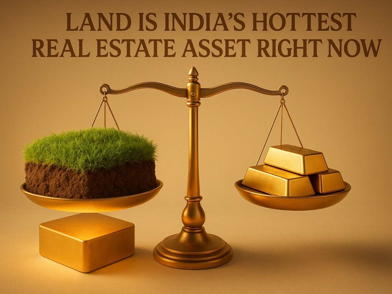 A balanced golden scale with a grassy land block on one side and gold bars on the other, symbolizing India’s land boom and the rising value of real estate assets in cities like Chennai, Bengaluru, and Pune.