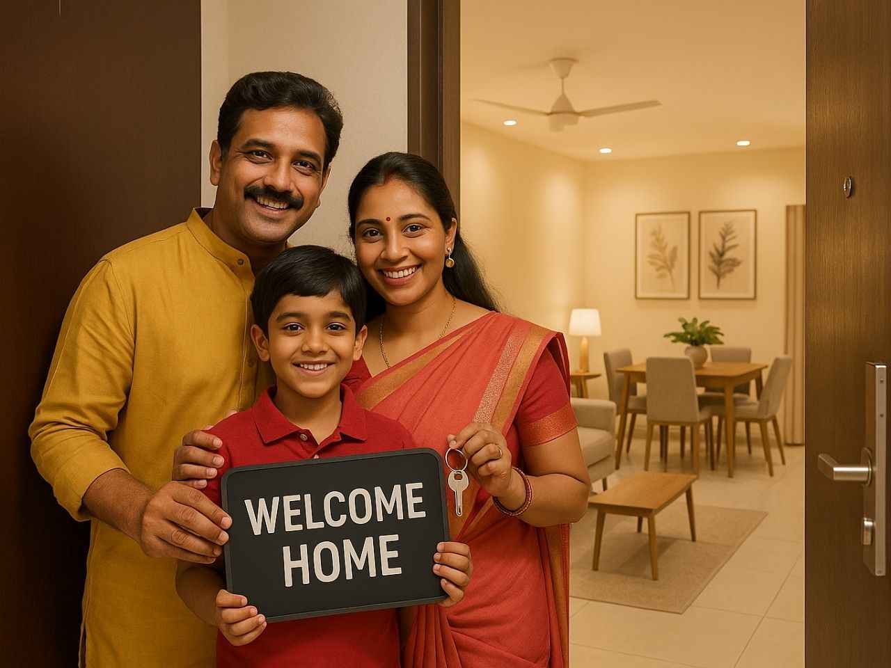 Middle-class Indian family at the entrance of their new apartment in Chennai, holding a Welcome Home sign and key, symbolising affordable home buying for middle-class buyers.