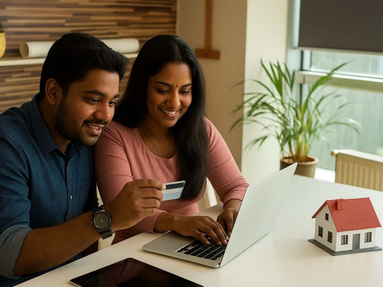 NRI couple researching property in Chennai online, with a house model on the table symbolising real estate investment planning in 2025.