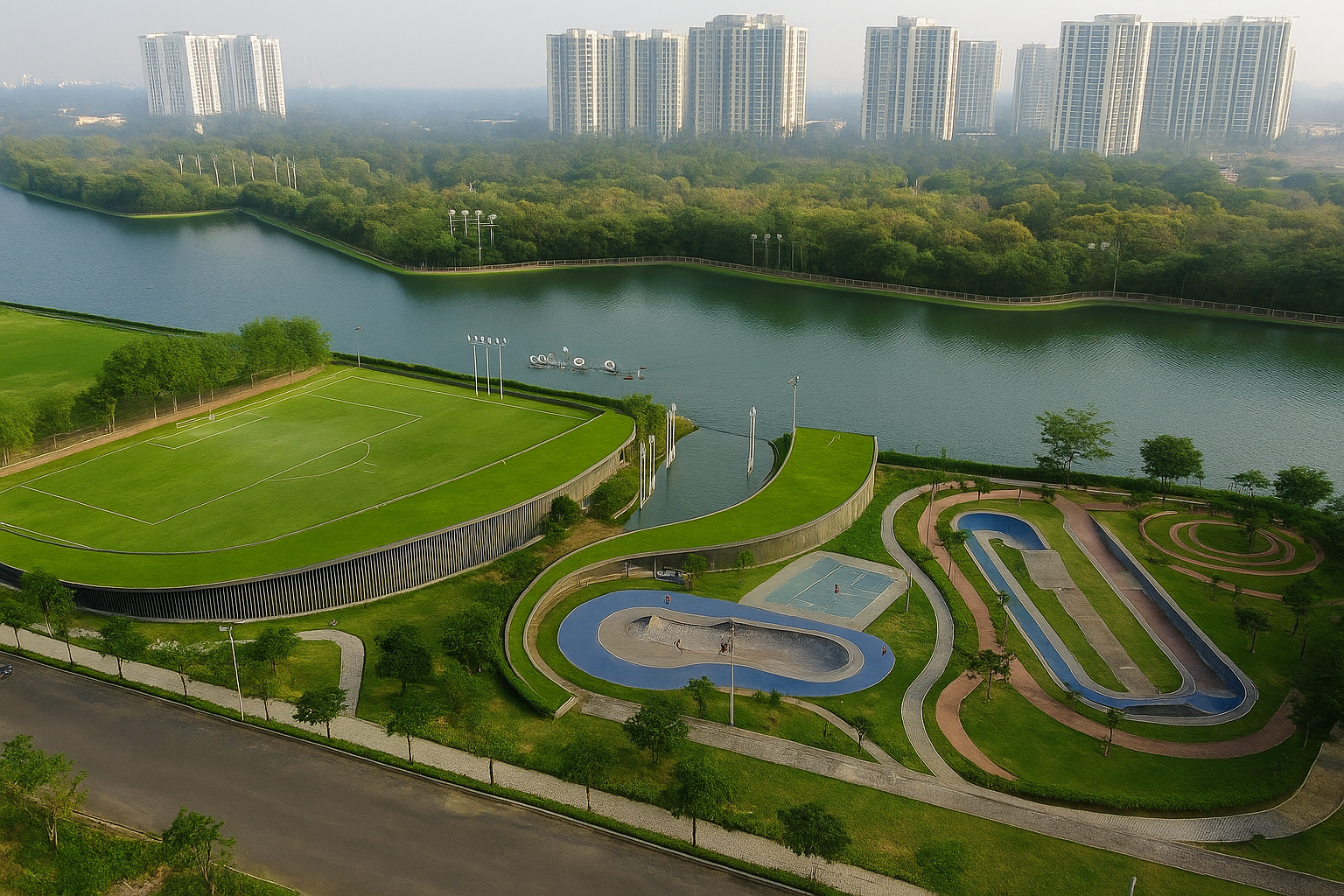 Aerial view of OMR Sports City in Semmancheri, Chennai showing a football field, BMX track, water sports channel, greenery, and high-rise apartments in the background.