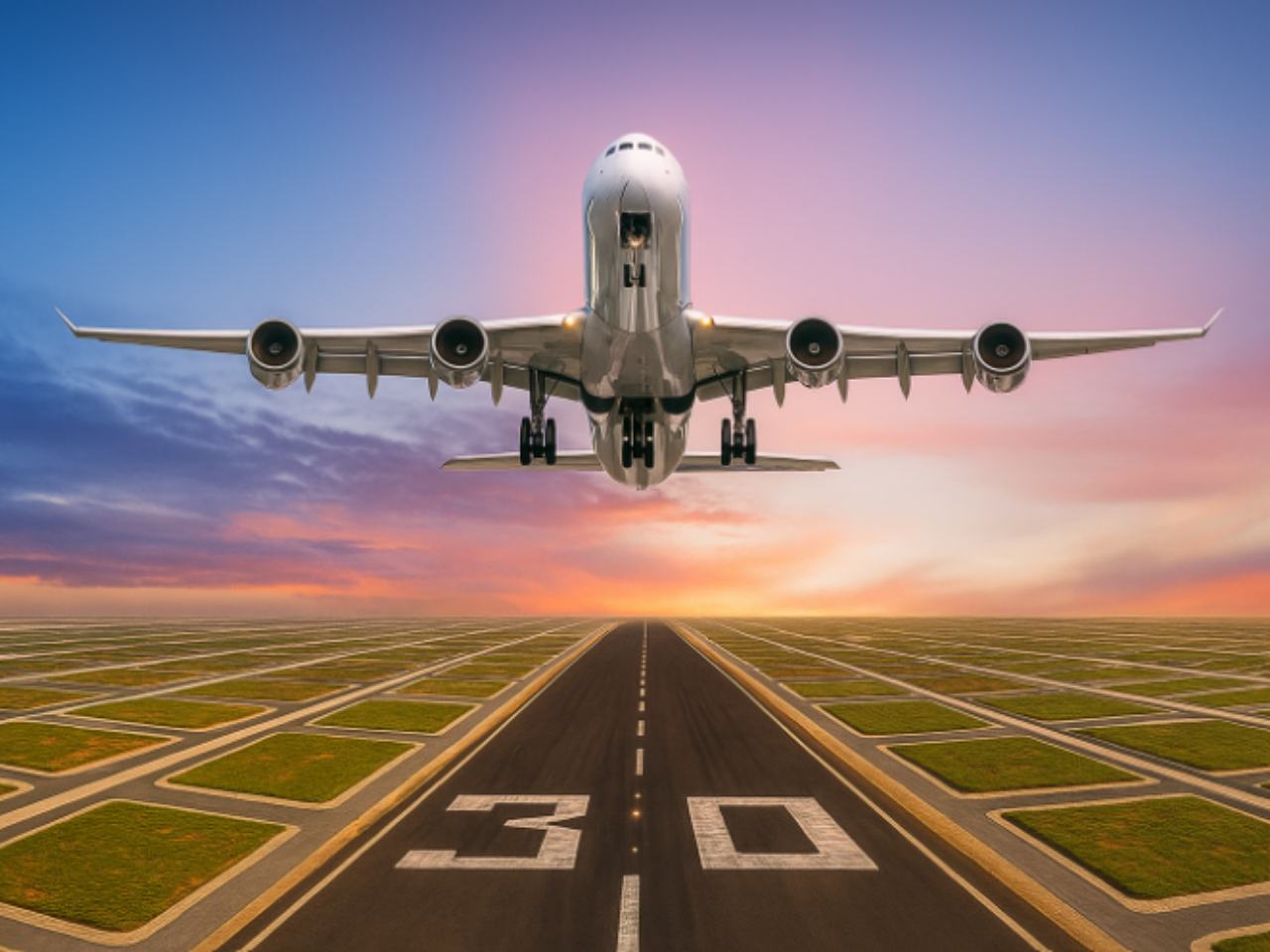 Airplane taking off from runway with real estate plots on both sides, symbolizing rising demand for properties in Parandur near the upcoming airport.