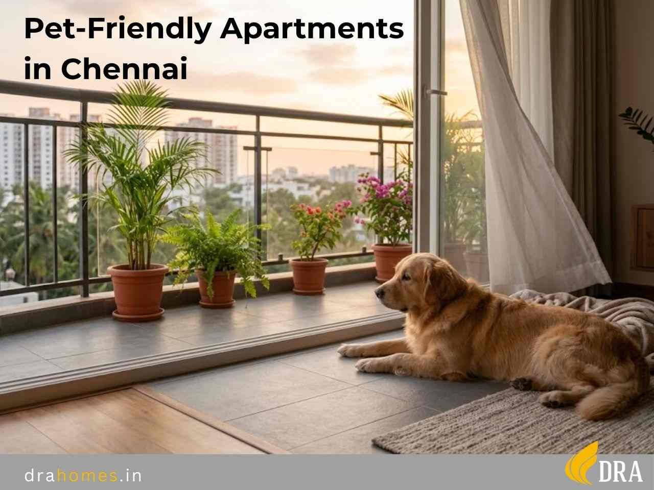 Golden retriever resting by the balcony door of a pet-friendly apartment in Chennai at sunset.