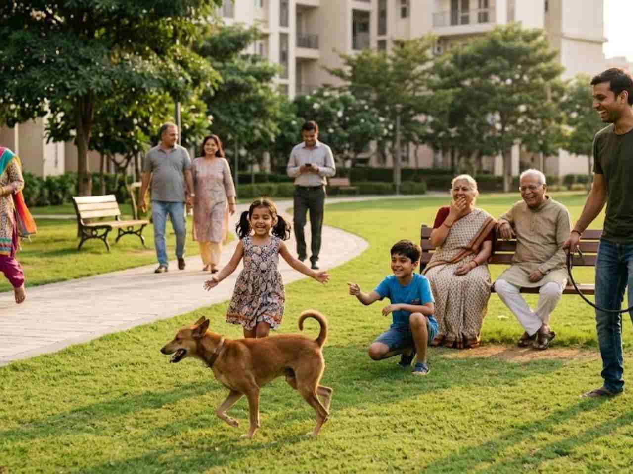 An image of a pet-friendly apartment community in Chennai where residents and their dogs enjoy open green spaces together