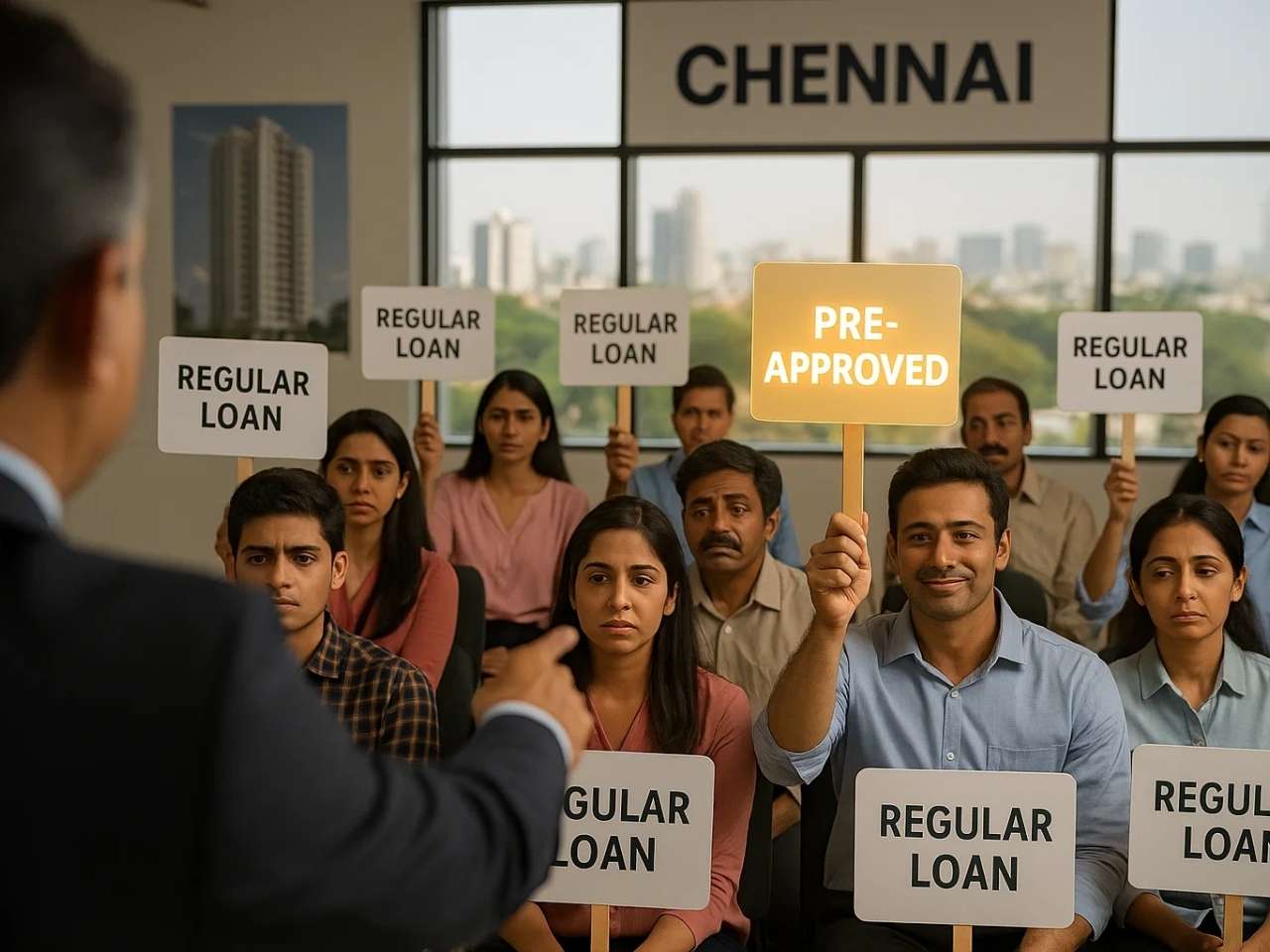Seller choosing buyer with pre-approved loan over regular loan bidders in a Chennai property auction.