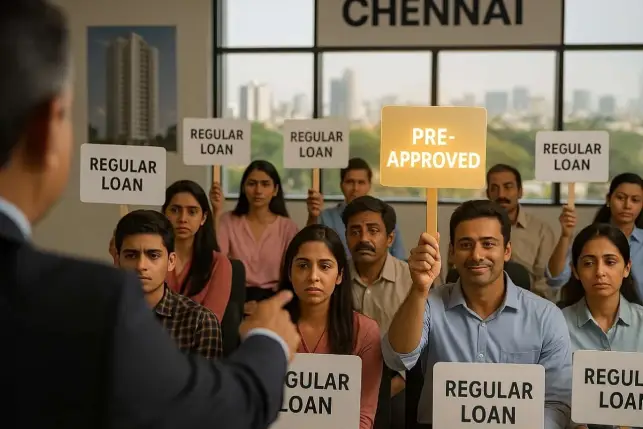 Seller choosing buyer with pre-approved loan over regular loan bidders in a Chennai property auction.