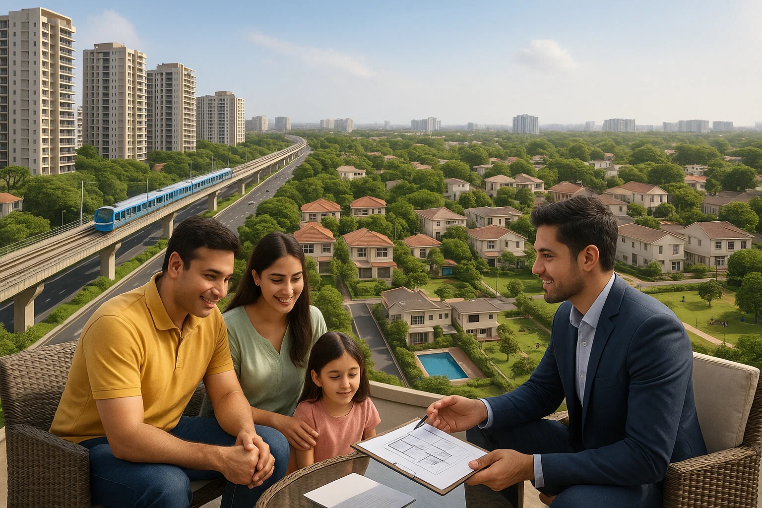 A family with a child discusses property plans with a real estate agent.