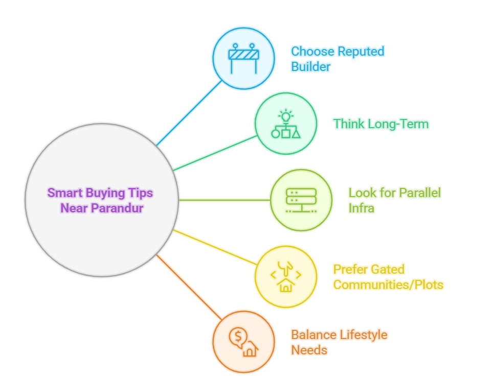 Mind map of smart buying tips near Parandur Airport, showing five points: choose a reputed builder, think long-term, look for parallel infrastructure, prefer gated communities/plots, and balance lifestyle needs.