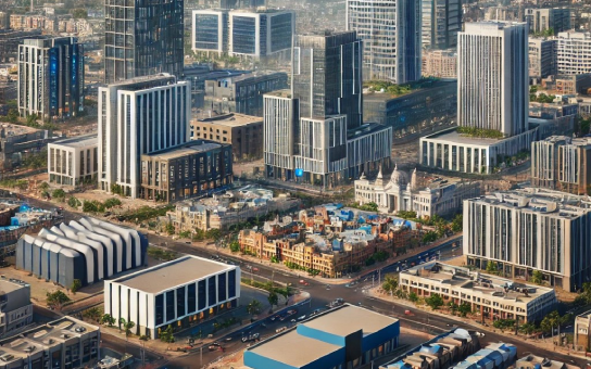 A modern urban scene in Madhavaram, North Chennai, showcasing contemporary office buildings, residential properties, and tech hubs, symbolizing growth and real estate development in Madhavaram, North Chennai.