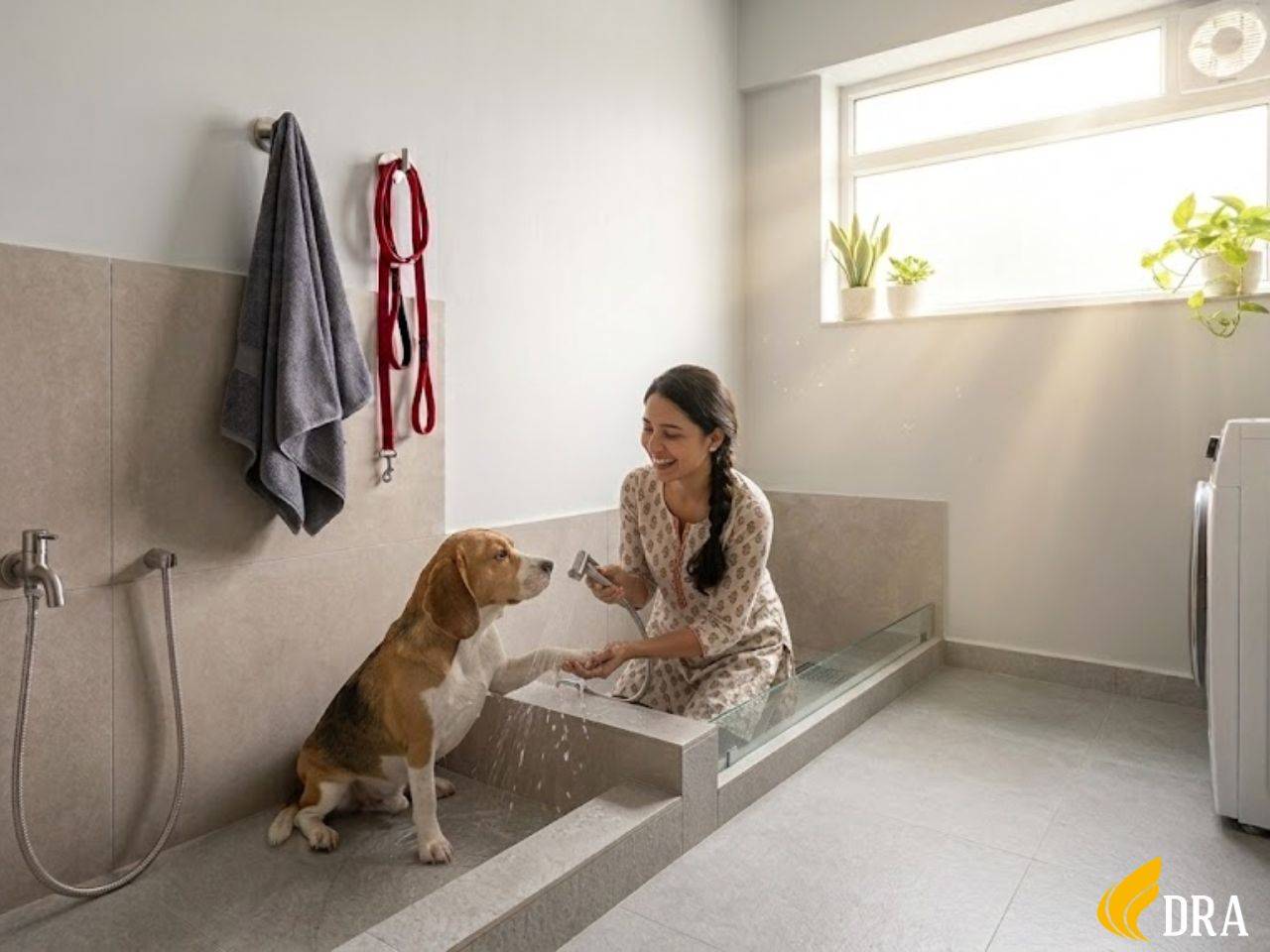 A dog bathing in a pet-friendly apartment utility area, showing practical pet care facilities in modern apartments in Chennai.