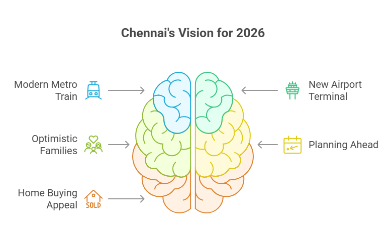 An illustration of Chennai’s 2026 infrastructure growth with metro, airport, and families planning ahead to buy a home.